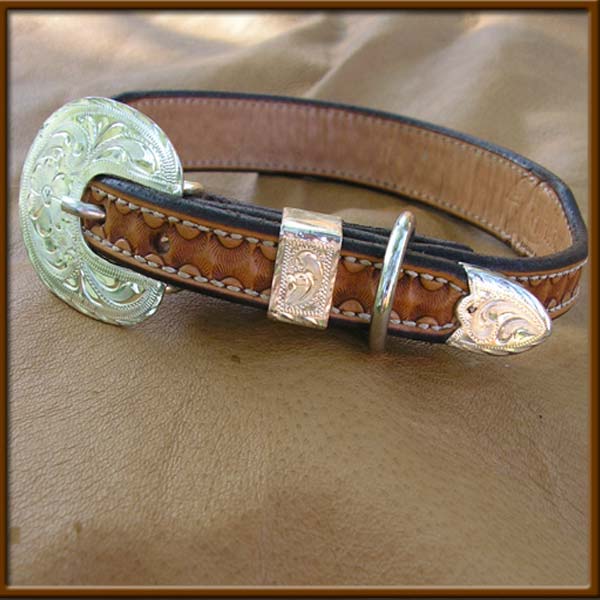 Handtooled Collar with Silver Buckle, Loop and Tip - Handbeaded