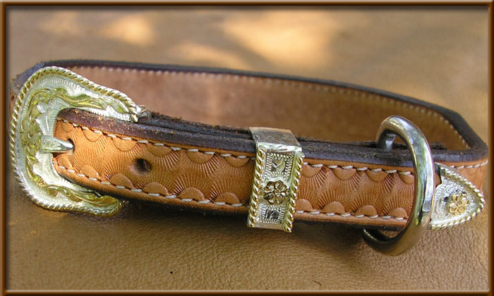 Hand Tooled Leather Collar with New Silver Buckle Design - Handbeaded