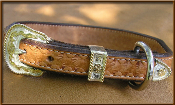 Hand Tooled Leather Collar with New Silver Buckle Design - Handbeaded