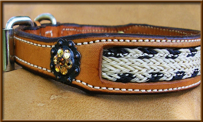 Natural Horse Hair Leather Collar with Champange Concho - webb