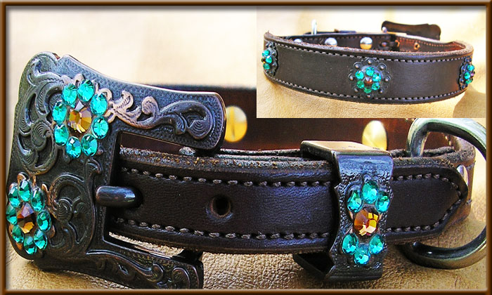 Leather Collar with New Bronze Buckle and Crystal Conchos - webb
