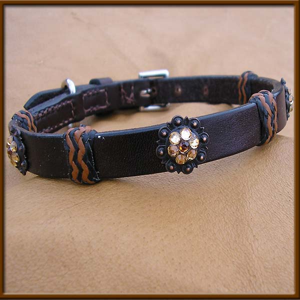 English Bridle Leather Collar with Topaz and Champagne Crystal concho - EBLsilver