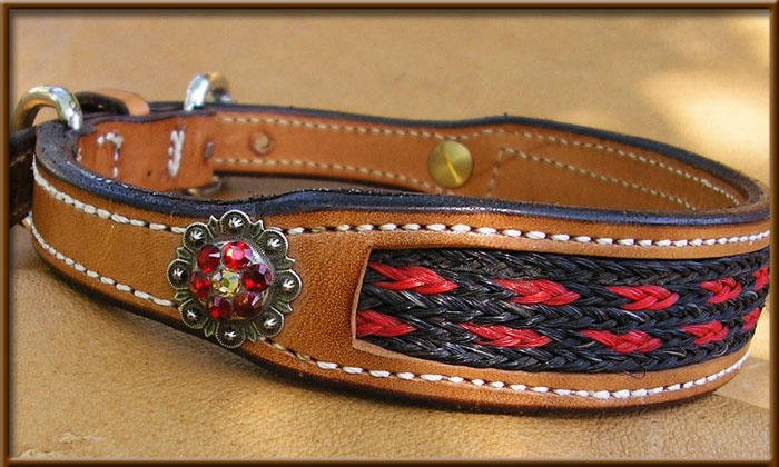 Red Horse Hair Leather Collar with Red Concho - webb