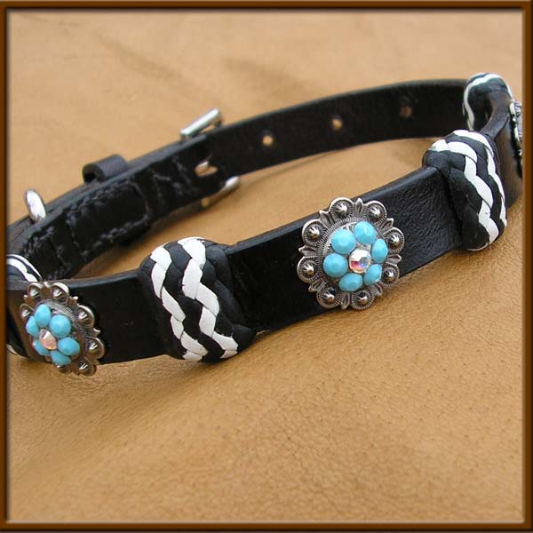 English Bridle Leather collar with new turquoise concho design - EBLsilver