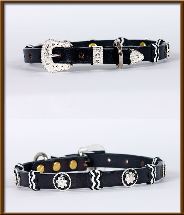 Collar with Braided Buttons, Silver Buckle and Silver and Black Conchos - silverandcrystalbuckles