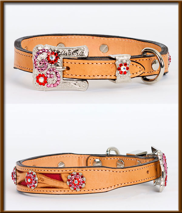 Tapered Tooled Collar with Red Inlaid Leather and Crystal Buckle and Conchos - silverandcrystalbuckles