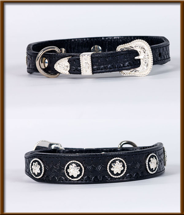 Tooled Collar with Silver Buckle and Silver and Black Conchos - silverandcrystalbuckles