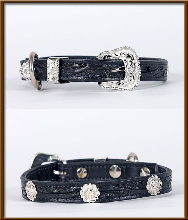 Tooled Floral Collar with Sliver Buckle and Flower Conchos - silverandcrystalbuckles