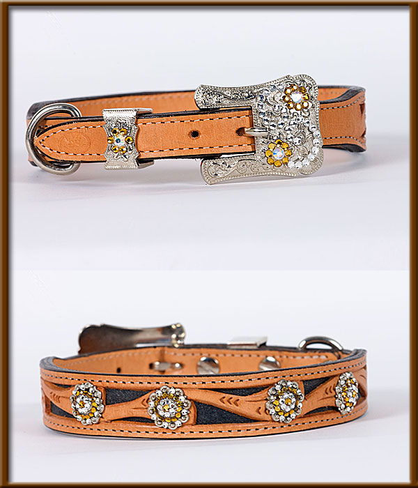 Tapered Tooled Collar with Back Inlaid Leather with Crystal Buckle and Conchos - silverandcrystalbuckles