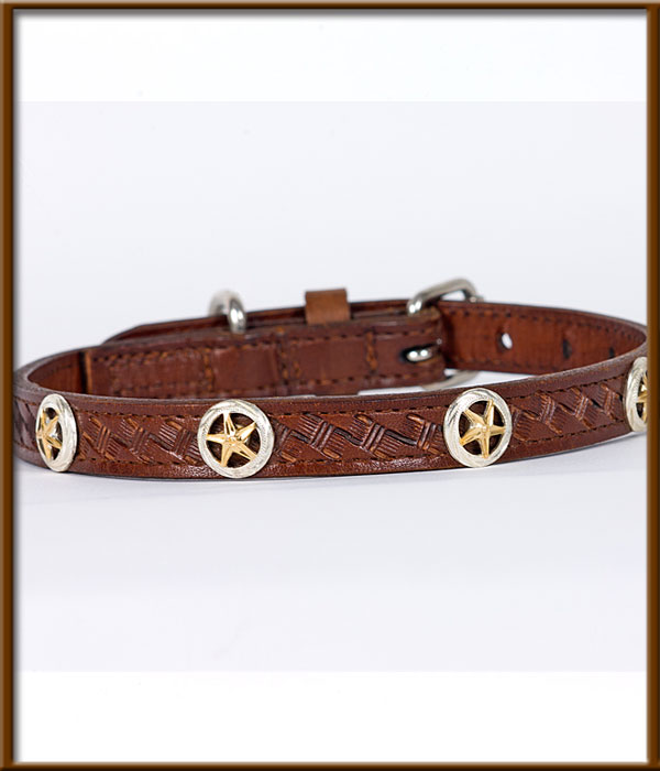 Hand Tooled Basket Weave Collar with Star conchos - silverandcrystalbuckles